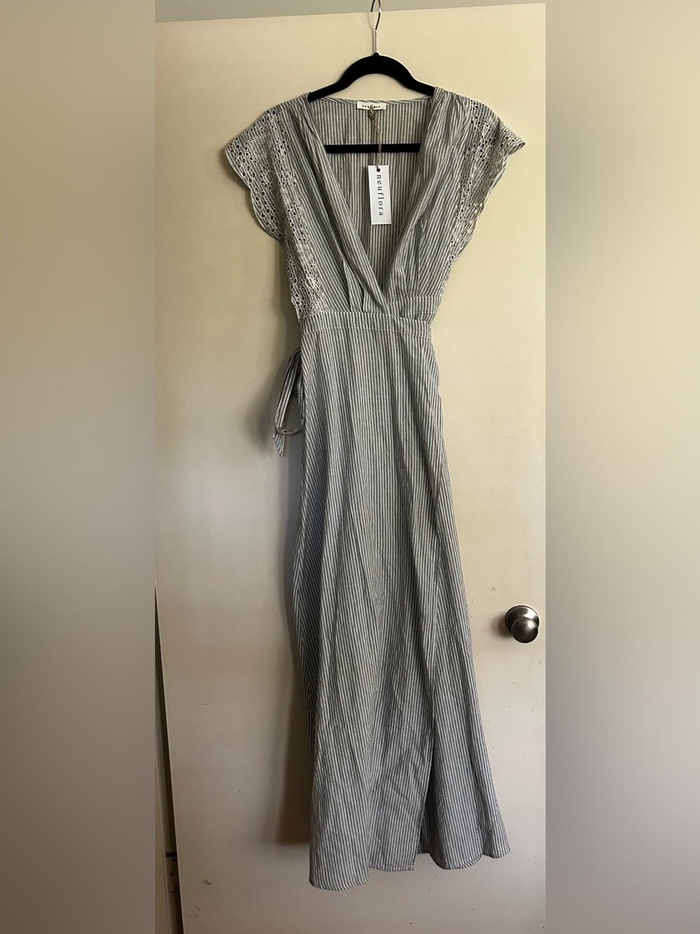 Neuflora Striped V-Neck wrap Maxi Dress in Gray and White - Picture 3 of 5